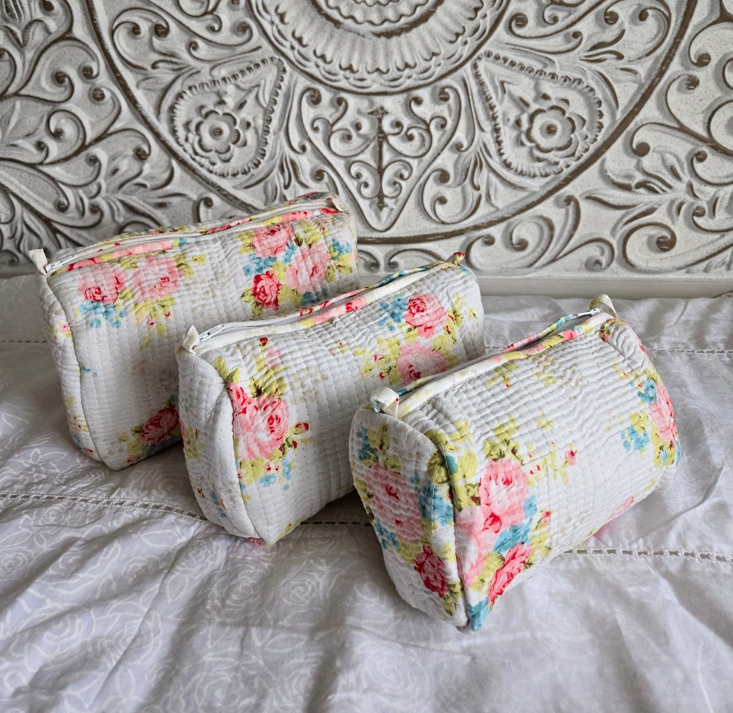 Rosé Bloom Quilted Pouch Set