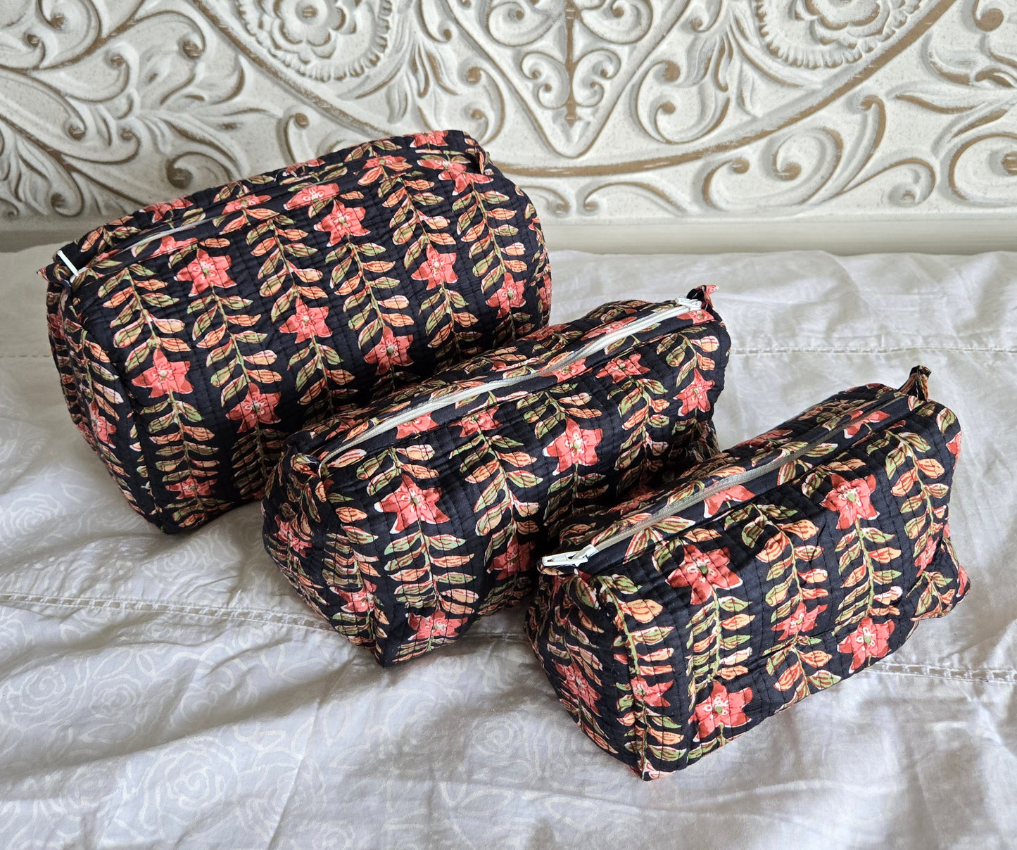 Midnight Bloom Quilted Pouch Set